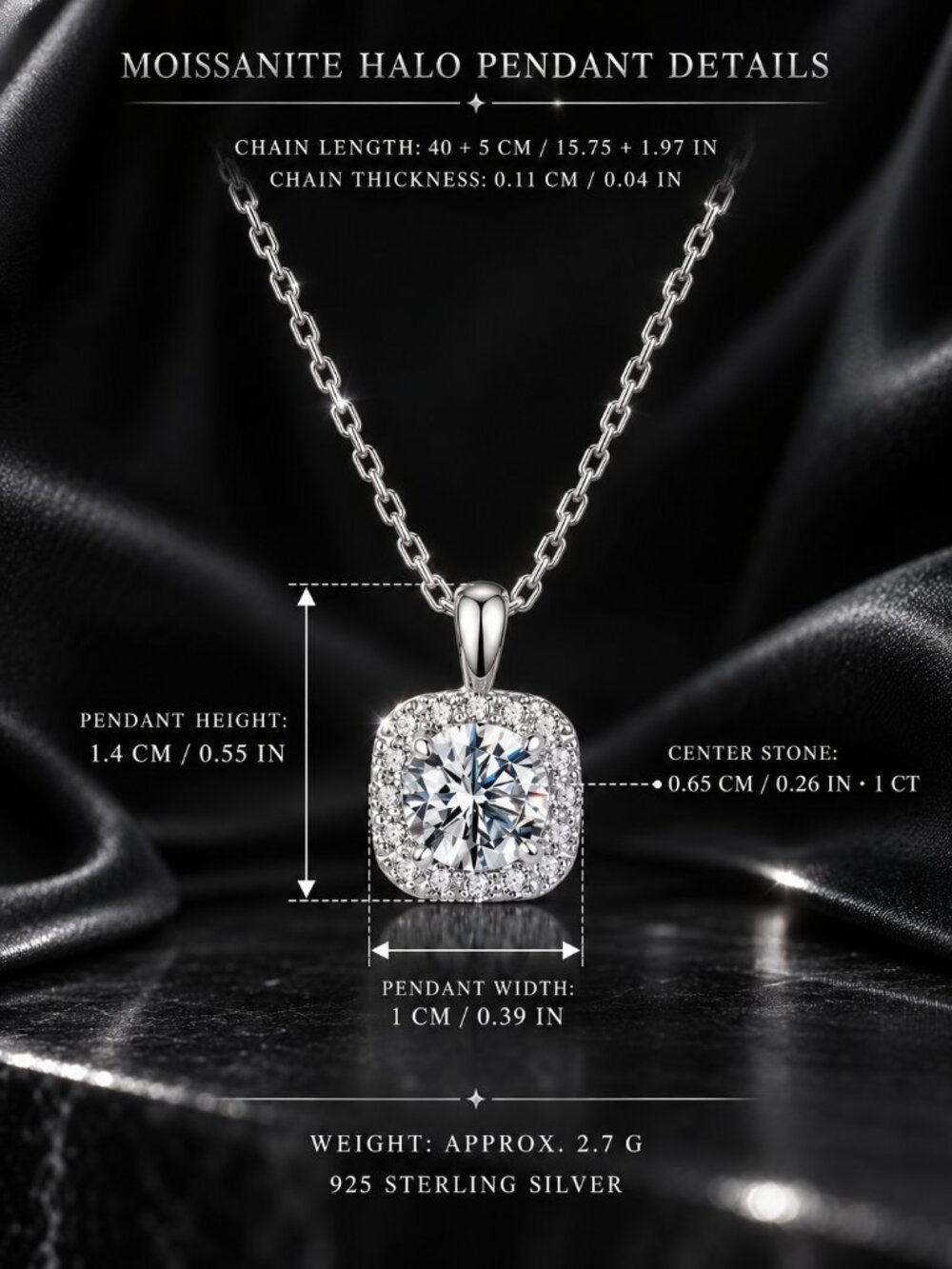 Moissanite Cushion Halo Necklace, 925 sterling silver, D Color VVS1